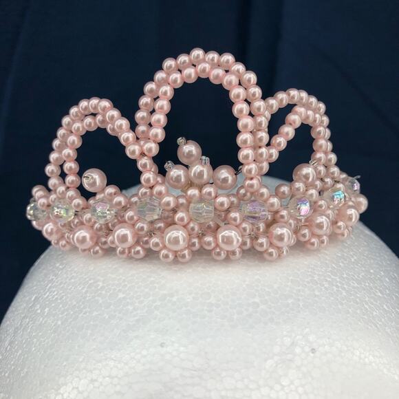 American VINTAGE 90's Handmade Mini Tiara Beaded with Pearl Pink Crystal Beads - Picture 1 of 4